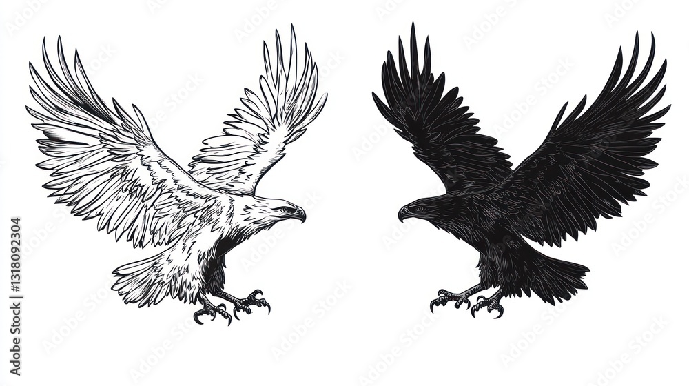 Two eagles in flight, facing each other, white and black versions, isolated on white, for tattoo design Two eagles in flight, facing each other, white and black versions, isolated on white, for tattoo design