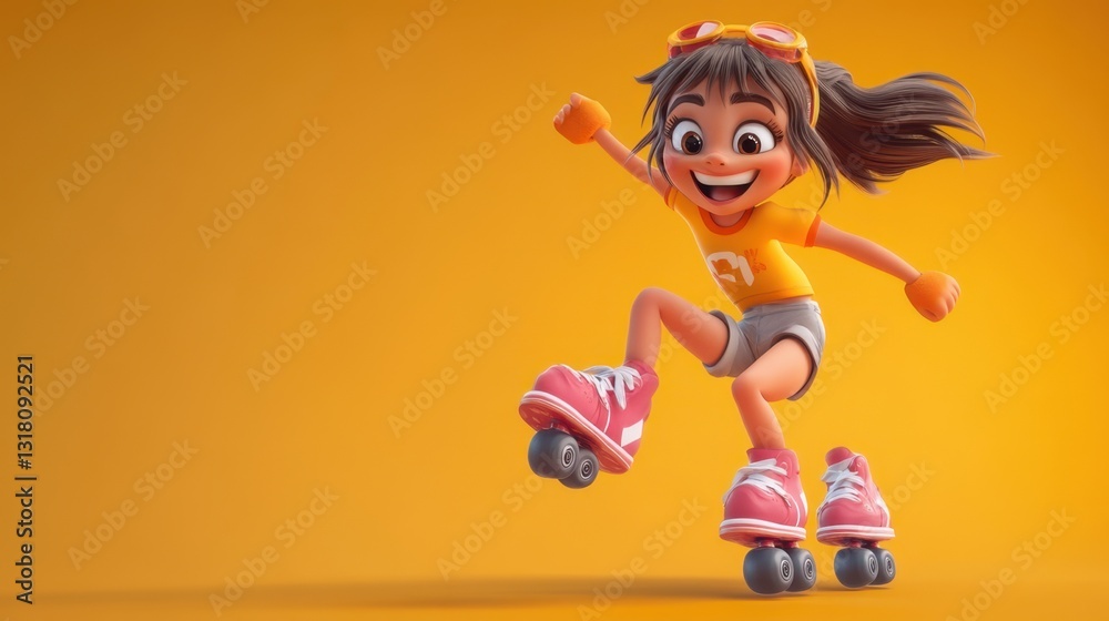 Fototapeta premium Cute cartoon girl with big sparkling eyes, wearing a pink dress, smiling happily – no background