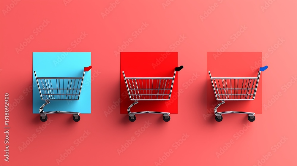 Minimalist Shopping Carts in Series on Vibrant Backgrounds Minimalist Shopping Carts in Series on Vibrant Backgrounds