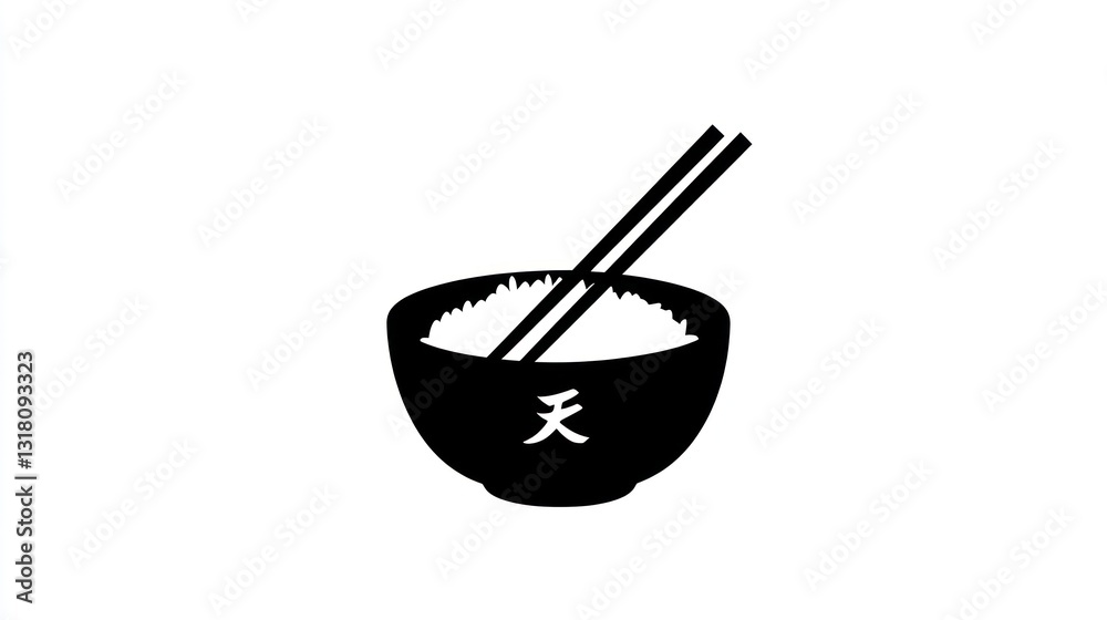 Rice bowl with chopsticks, simple Asian food illustration, white background, menu design Rice bowl with chopsticks, simple Asian food illustration, white background, menu design