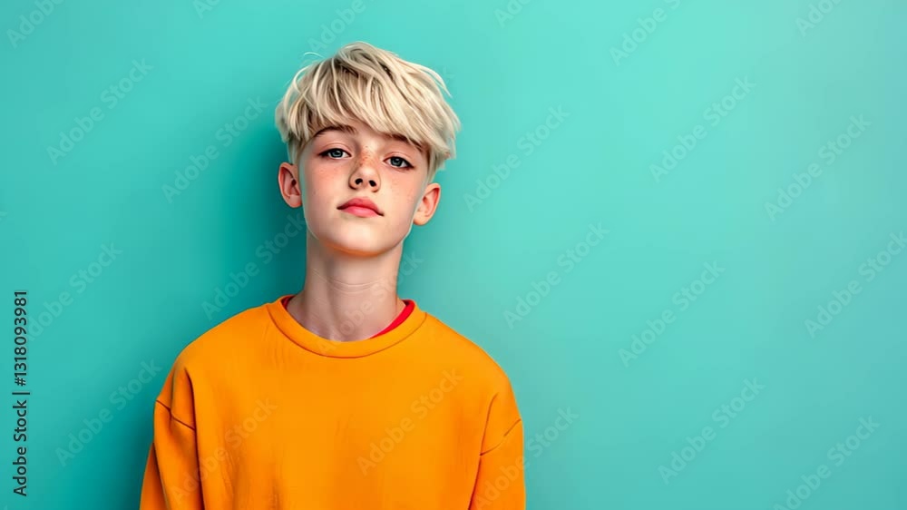 Nonbinary Teen in Bright Orange Sweater Against Turquoise Background for Modern Youthful Expression Nonbinary Teen in Bright Orange Sweater Against Turquoise Background for Modern Youthful Expression