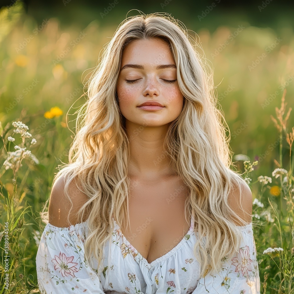 Serene Young Woman with Blonde Hair in a Summer Field Serene Young Woman with Blonde Hair in a Summer Field