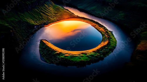 Serene sunset reflection over unique circular river bend iceland aerial view nature landscape photography