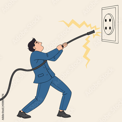 Electric shock, businessman struggling with electrical mishap cartoon illustration