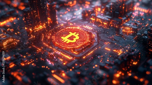Innovative blockchain technology concept: pc circuit board chain with integrated cpu on a bold blue futuristic background
