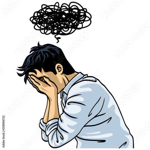 Man Suffering Depression Mental Disorder Closing Face with Palms in Despair Vector Illustration