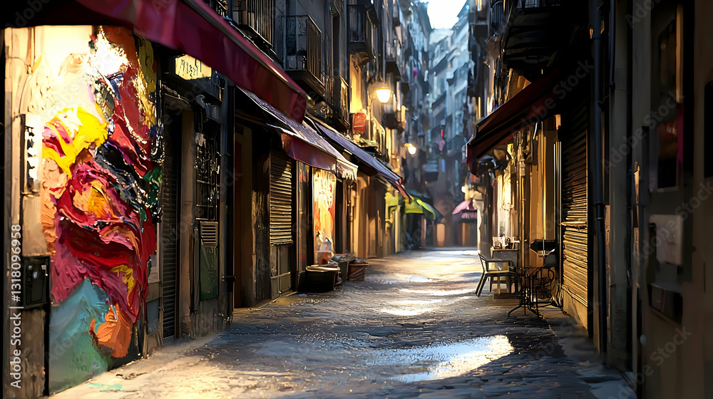 Fototapeta premium Early Morning Sunlight Illuminates A Narrow Cobblestone Street With Colorful Graffiti Art And Closed Shops In A European City