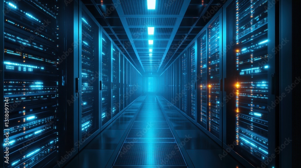 Futuristic Data Center with Neon Lighting, Server Racks, and Electrical Cabling for Digital Infrastructure and Technology Innovation Futuristic Data Center with Neon Lighting, Server Racks, and Electrical Cabling for Digital Infrastructure and Technology Innovation
