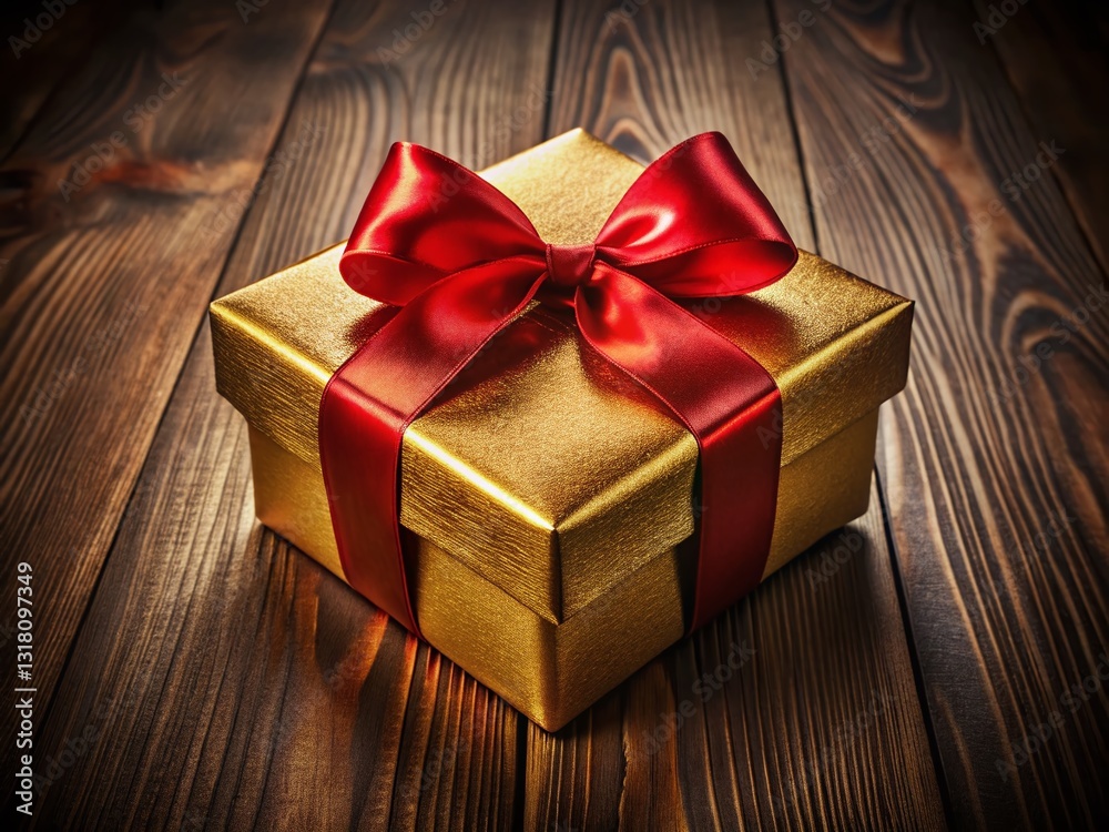 Elegant Gold Gift Box with Festive Red Ribbon and Bow - Perfect for Holiday Season Elegant Gold Gift Box with Festive Red Ribbon and Bow - Perfect for Holiday Season