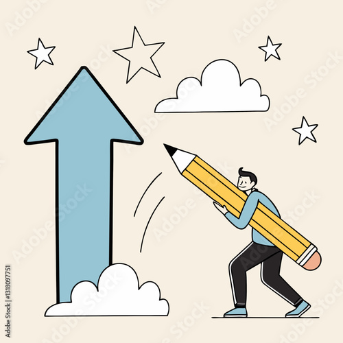 Man Holding Large Pencil Drawing Arrow Aiming for Stars, Growth Concept