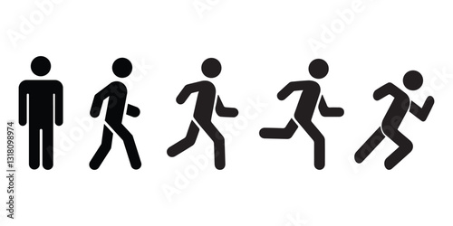 Set of black color pictograms. Person standing upright, walking, running, sprinting.