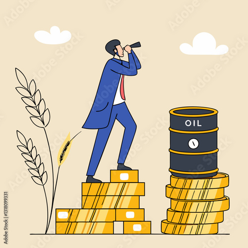 Businessman on the rise, predicting markets with oil, coins and wheat
