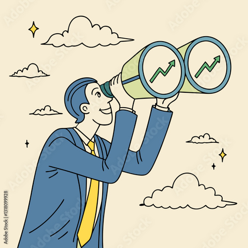 Visionary businessman using binoculars with upward trend lines background