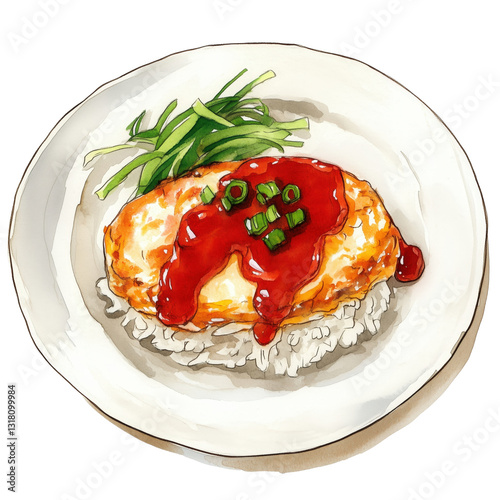 A soft watercolor sketch of a simple Japanese omelette rice dish with a ketchup drizzle on top