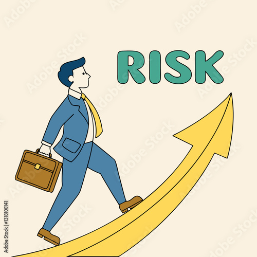 Businessman climbing a yellow arrow with the word risk, career aspiration