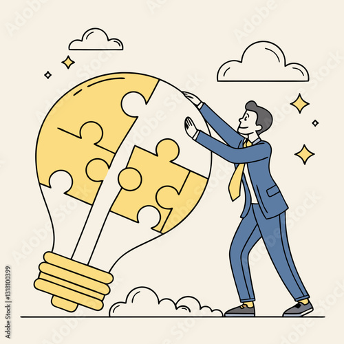 Business man completing a lightbulb puzzle, symbolizing innovation and solution