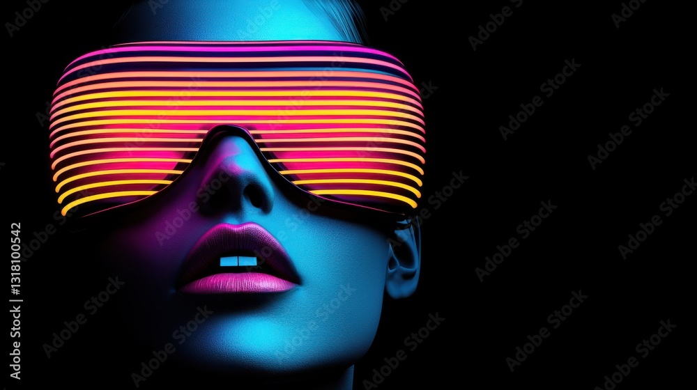 Close-up portrait with neon-lit glasses and futuristic blue skin tone