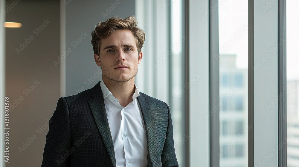 Young Businessman Posing Confidently Near Large Windows Young Businessman Posing Confidently Near Large Windows
