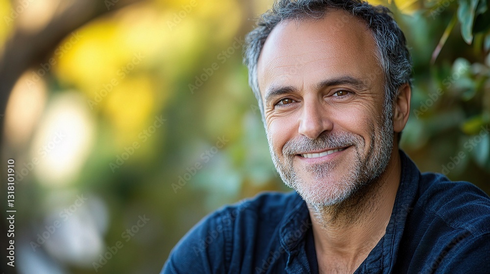 Relaxed and Attractive Middle-Aged Man Smiling in Nature Relaxed and Attractive Middle-Aged Man Smiling in Nature