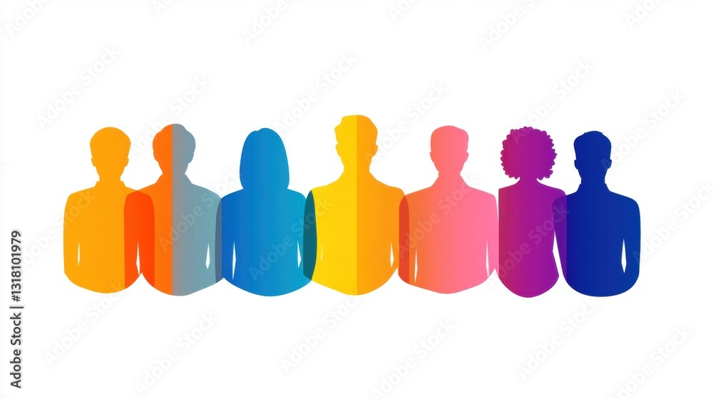 Abstract representation of diverse diverse silhouettes of individuals in vibrant gradient colors standing in a row against a clean white background Abstract representation of diverse diverse silhouettes of individuals in vibrant gradient colors standing in a row against a clean white background