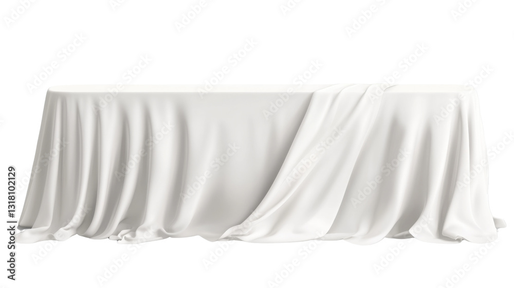 A classic white tablecloth draped over a long dining table, cut out and isolated on a transparent background, with graceful folds cascading down the sides. A classic white tablecloth draped over a long dining table, cut out and isolated on a transparent background, with graceful folds cascading down the sides.