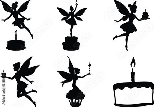 Fairy Silhouette Birthday Cake Clipart: Whimsical Fairies with Cakes, Candles, and Wings Vector Graphics for Party Decorations & Crafts