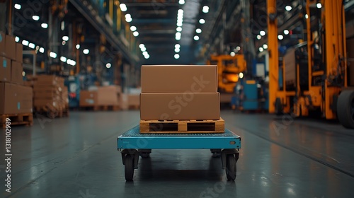 Industrial Setting with Blue Trolley and Cardboard Boxes in Warehouse