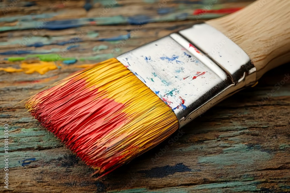 Fototapeta premium Close-Up View of Paintbrush with Vibrant Red and Yellow Bristles