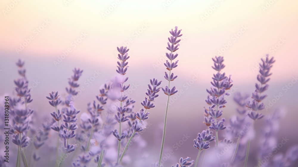 Gentle lavender field basking in the soft ethereal light of dawn or dusk Gentle lavender field basking in the soft ethereal light of dawn or dusk