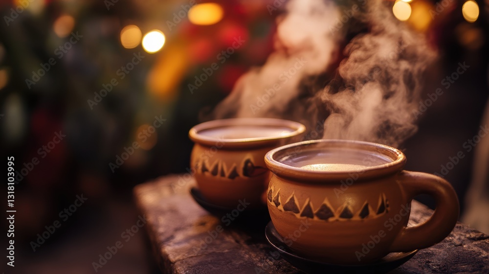 Fototapeta premium Warm ceramic cups filled with steaming hot beverage on a wooden surface during cozy evening with bokeh lights