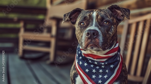 Adorable brown dog wearing patriotic bandana with stars and stripes sitting on wooden porch outdoors