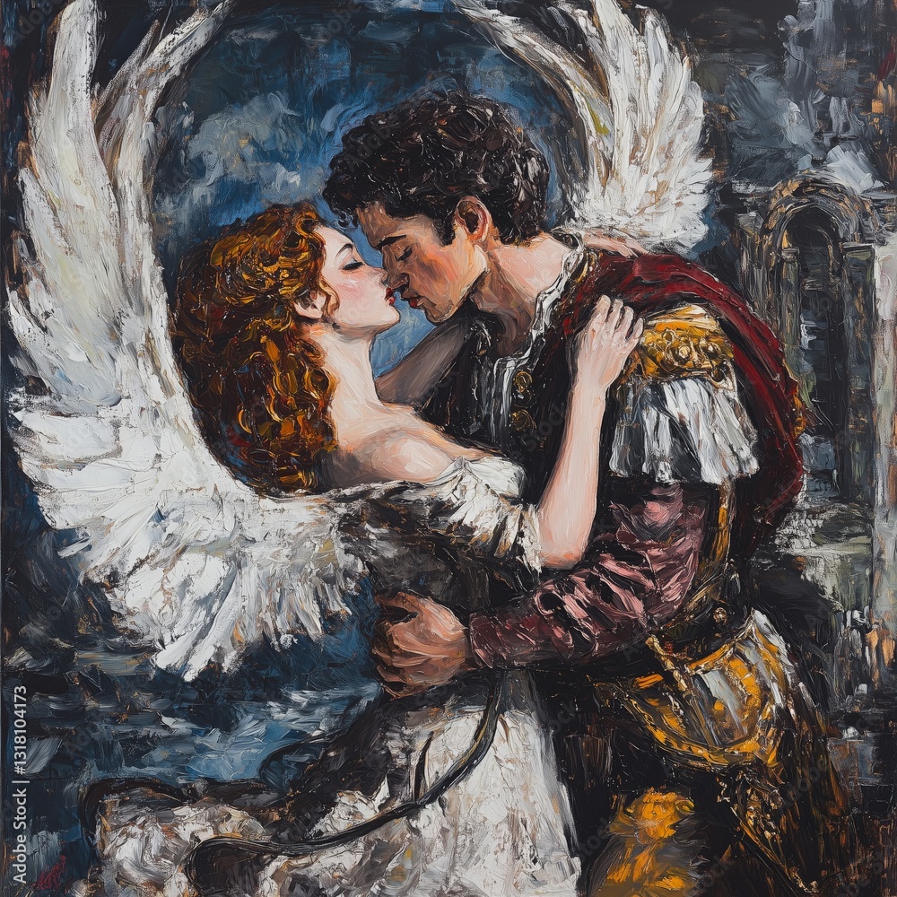 Black and Dark Academia style artwork and Oil Painting, home decor for moody and dark theme a painting of a couple kissing