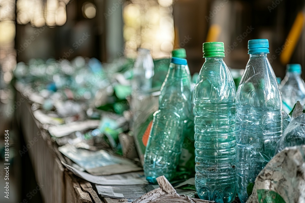 Plastic water bottles and other waste on a recycling conveyor belt Plastic water bottles and other waste on a recycling conveyor belt