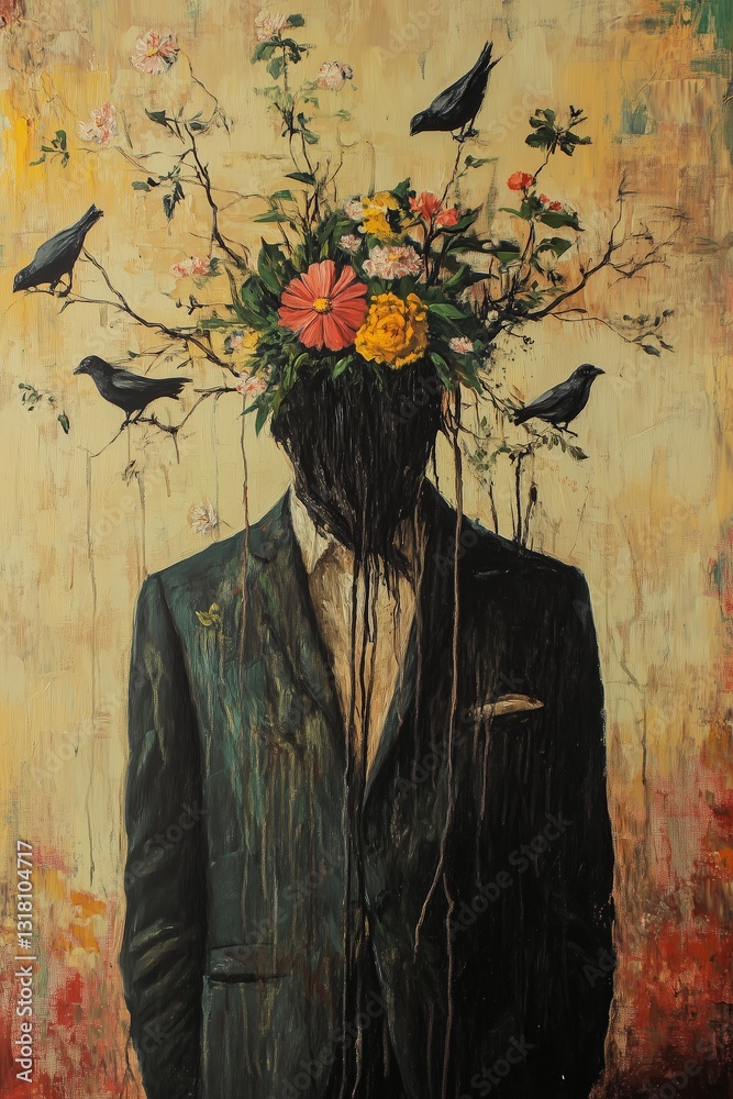 Black and Dark Academia style artwork and Oil Painting, home decor for moody and dark theme a painting of a man with a bunch of flowers on his head