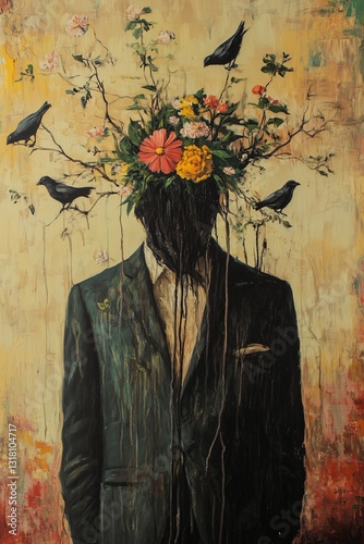 Obraz na płótnie Black and Dark Academia style artwork and Oil Painting, home decor for moody and dark theme a painting of a man with a bunch of flowers on his head w salonie
