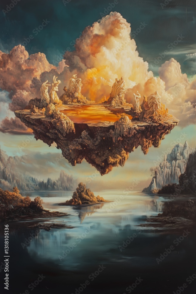 Black and Dark Academia style artwork and Oil Painting, home decor for moody and dark theme a painting of a floating island with clouds and mountains
