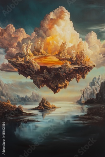 Obraz na płótnie Black and Dark Academia style artwork and Oil Painting, home decor for moody and dark theme a painting of a floating island with clouds and mountains w salonie