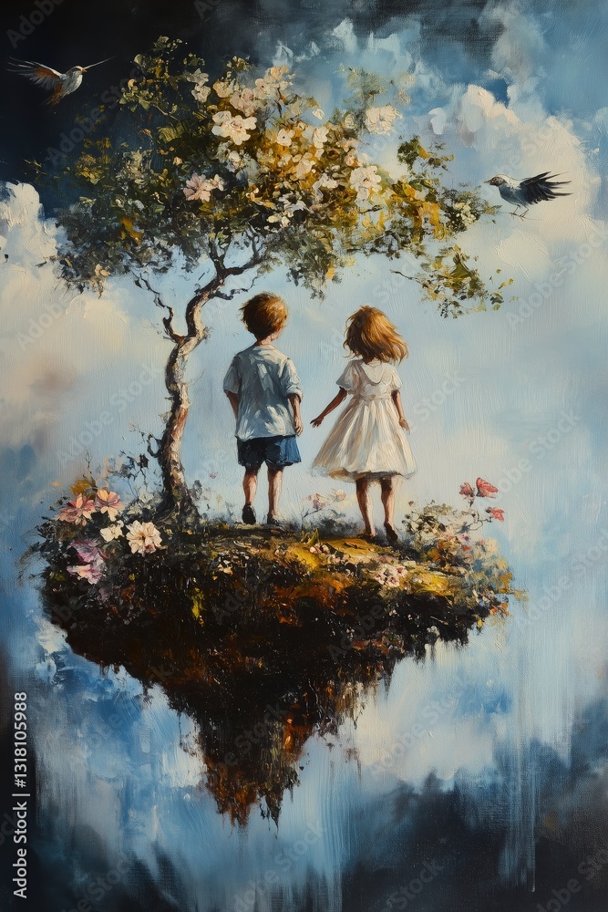 Black and Dark Academia style artwork and Oil Painting, home decor for moody and dark theme a painting of two children standing on a tree