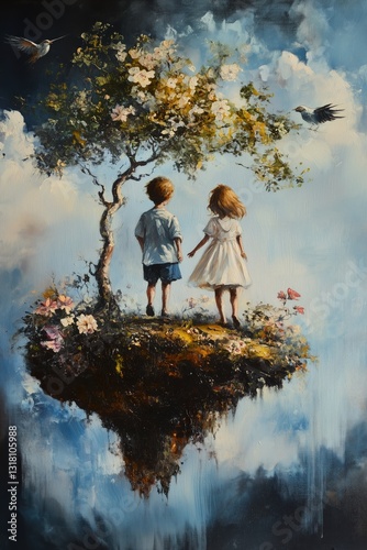 Obraz na płótnie Black and Dark Academia style artwork and Oil Painting, home decor for moody and dark theme a painting of two children standing on a tree w salonie