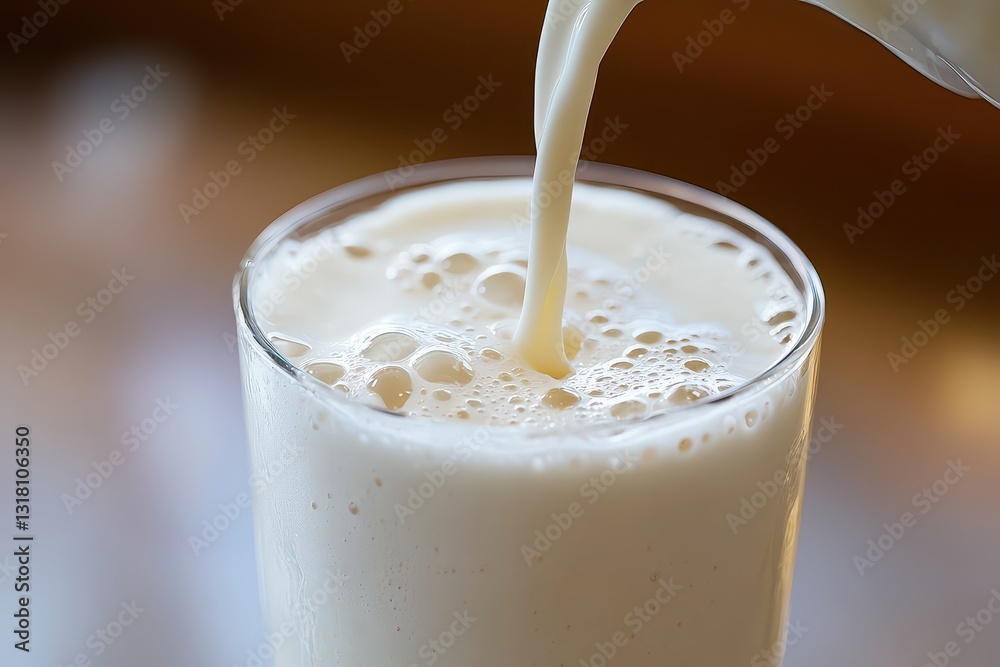 Pouring fresh milk into a glass, creating bubbles and foam, with a warm background ambiance Pouring fresh milk into a glass, creating bubbles and foam, with a warm background ambiance