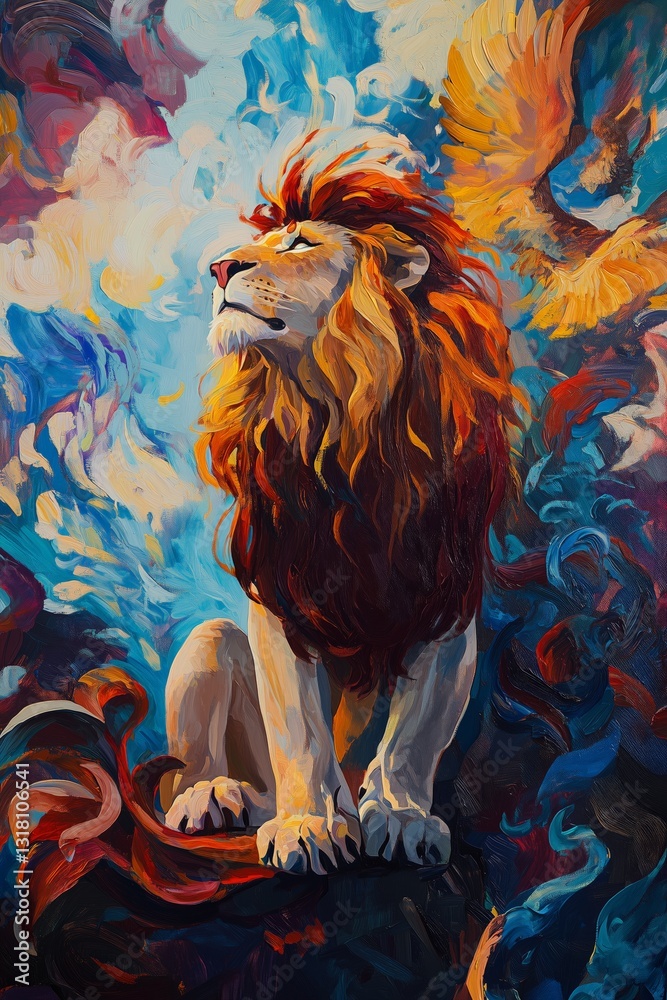 Black and Dark Academia style artwork and Oil Painting, home decor for moody and dark theme a painting of a lion sitting on a rock