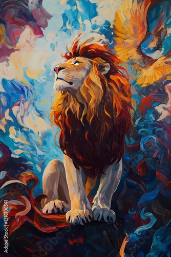 Obraz na płótnie Black and Dark Academia style artwork and Oil Painting, home decor for moody and dark theme a painting of a lion sitting on a rock w salonie