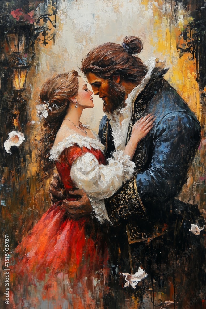 Black and Dark Academia style artwork and Oil Painting, home decor for moody and dark theme a painting of a couple kissing