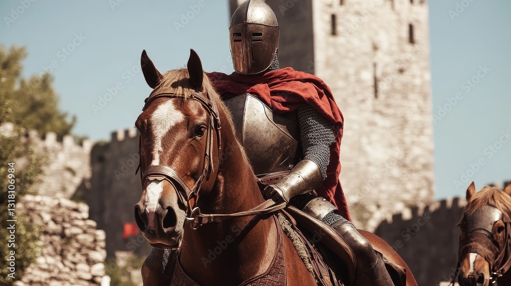 Fototapeta premium Medieval Knight on Horseback in Front of Ancient Stone Castle