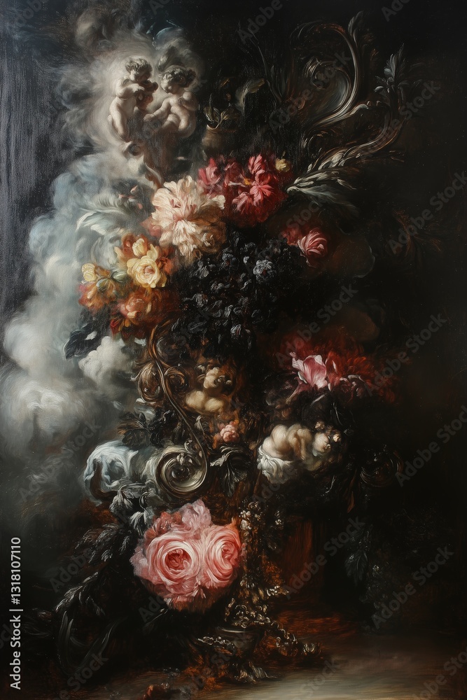 Black and Dark Academia style artwork and Oil Painting, home decor for moody and dark theme a painting of flowers in a vase on a table