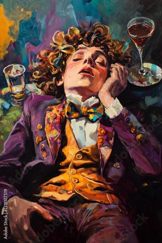 Black and Dark Academia style artwork and Oil Painting, home decor for moody and dark theme a painting of a man with a glass of wine