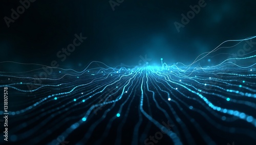 Futuristic Digital Landscape with Glowing Blue Grid and Data Points – A Vision of Connectivity and Innovation