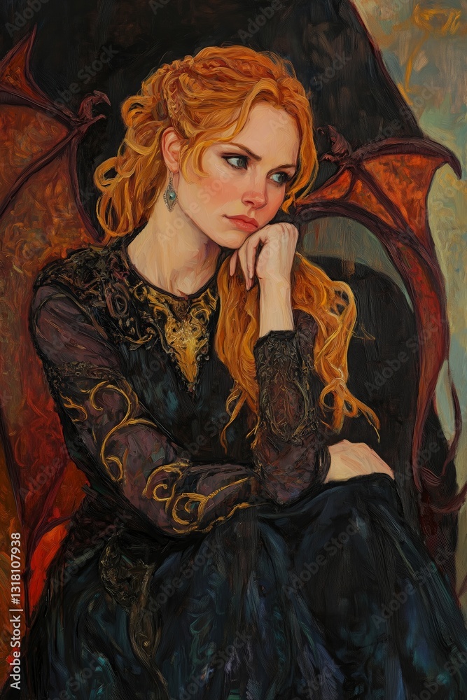 Black and Dark Academia style artwork and Oil Painting, home decor for moody and dark theme a painting of a woman sitting in a chair