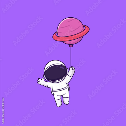 Cute cartoon of astronaut floating on space and holding balloon-planet. Vector illustration of astronaut. Science and technology concept.