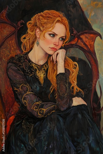 Obraz na płótnie Black and Dark Academia style artwork and Oil Painting, home decor for moody and dark theme a painting of a woman sitting in a chair w salonie